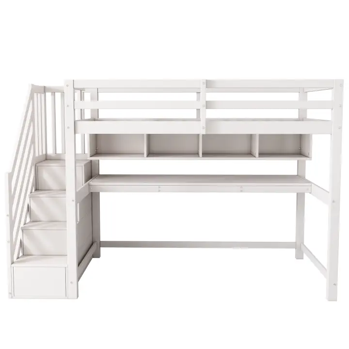 Cama Alta para niños with Escalera de almacenamiento 90*200cm, Madera maciza + MDF, Litera, Cama para niños with esritorio Grande y Estantería, Pintura Ecológica, Blanco - 1