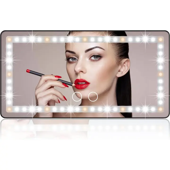 Espejo de tocador con visera solar para automóvil, espejo de maquillaje recargable con 3 modos de luz y 60 LED, espejo cosmético con protección solar y vista trasera con clip regulable - 1