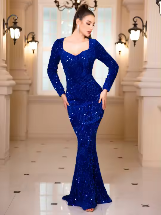 Vestido De Noche Para Mujer Largo Con Mangas De Sequinias Azul Elegante Vestido De Fiesta Prom Invierno 2024 Corte De Corte Court Traje De Baño De Verano - 1