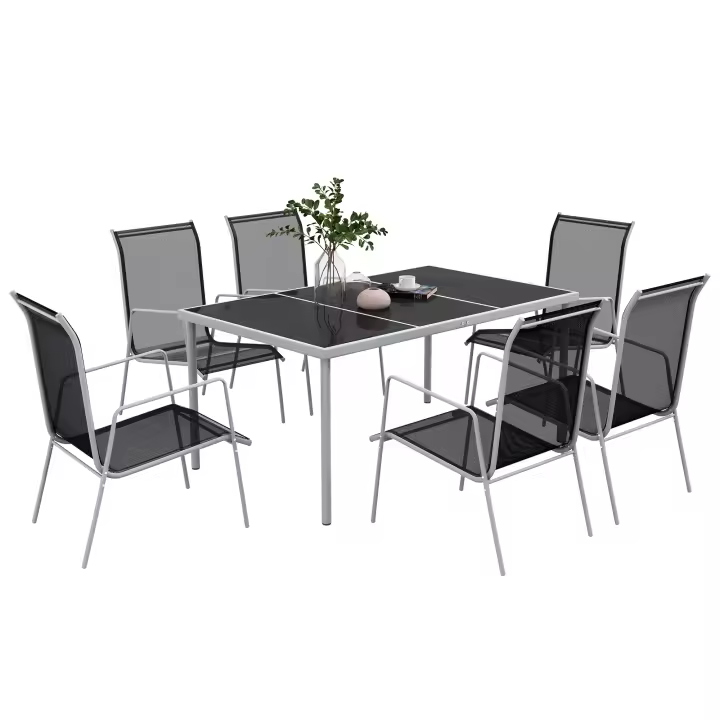 Outsunny Conjunto de Comedor de Exterior Juego de Comedor de Jardín de 7 Piezas con 1 Mesa 6 Sillas Apilables y Marco de Acero para Terraza Patio Negro - 1