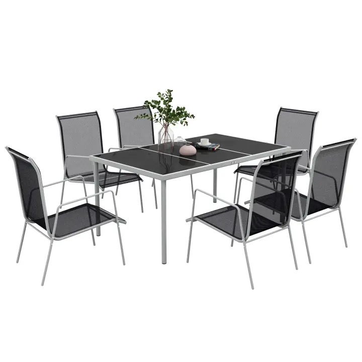 Outsunny Conjunto de Comedor de Exterior Juego de Comedor de Jardín de 7 Piezas con 1 Mesa 6 Sillas Apilables y Marco de Acero para Terraza Patio Negro - 1