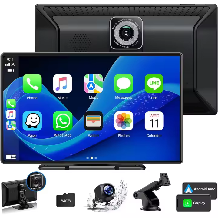Pantalla Carplay de 9'' para automóvil con cámara de tablero de 2.5K, cámara de respaldo de 1080p, pantalla CarPlay Android Auto inalámbrica portátil con Mirror Link - 1