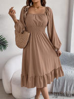 Vestido A-Line De Mujer Elegante Otoño Invierno Color Sólido Cuello Cuadrado Manga Larga Volantes Vestido Midi Casual Polyester Spandex - details 30