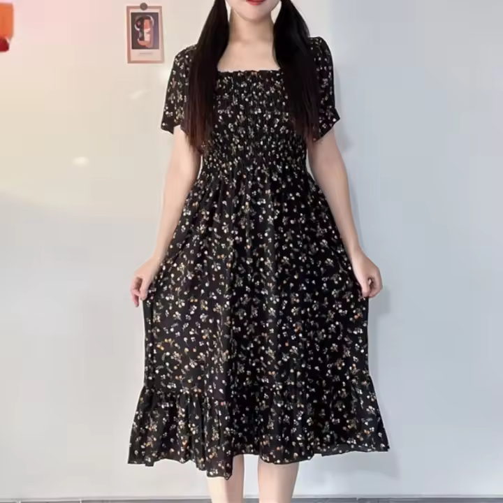 Vestido Midi A-Line De Mujer Casual Primavera Verano Cintura Elástica Manga Corta Chiffón Floral Impreso Vestidos De Poliéster - 1