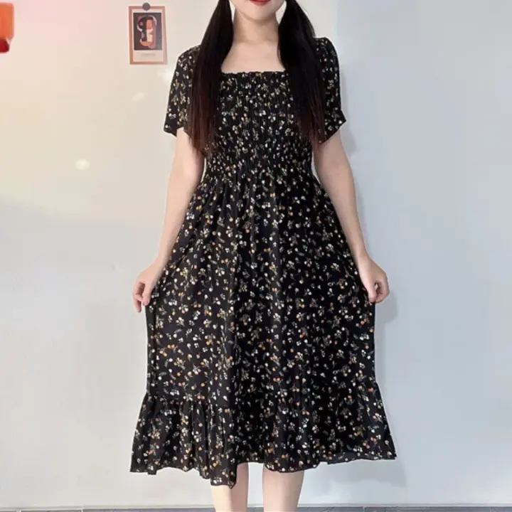 Vestido Midi A-Line De Mujer Casual Primavera Verano Cintura Elástica Manga Corta Chiffón Floral Impreso Vestidos De Poliéster - 1