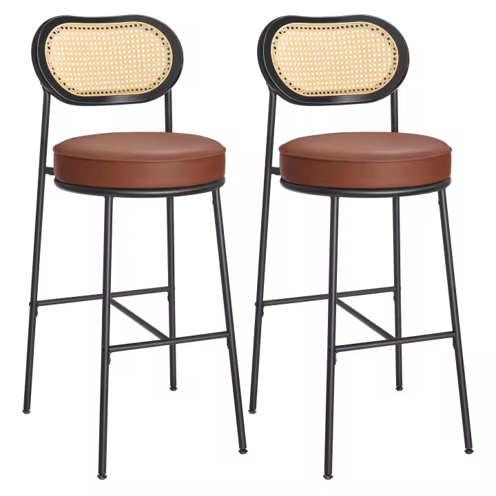 Conjunto de 2 Taburetes de Bar Altos en Ratán Bohemio - con Respaldo Curvado, 48.2x45.7x104.7 cm, Marrón Caramelo o Negro Tinta - 1