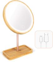 Espejo de maquillaje de madera de bambú LED, espejos cosméticos de escritorio con 3 modos de iluminación, batería recargable por USB, lámpara de belleza táctil ajustable - details 7