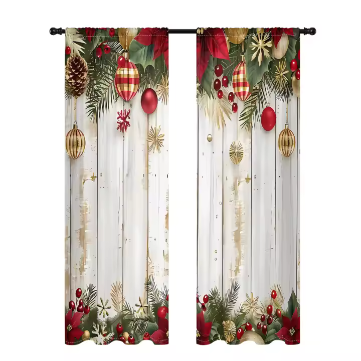 2 Piezas Cortinas De Navidad Con Fondo De Madera -30% Blackout Adecuadas Para Sala De Estar Dormitorio Cocina Decoración Del Hogar Técnica Tejida Clásica 100% Poliéster - 1