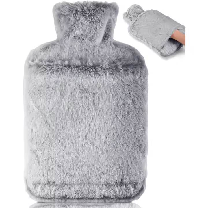 Bolsa De Agua Caliente Con Funda, Bolsa De Agua Caliente Plush, With Bolso De Canguro,2L Bolsa de Agua Caliente Grande, Caucho Natural(Gris) - 1