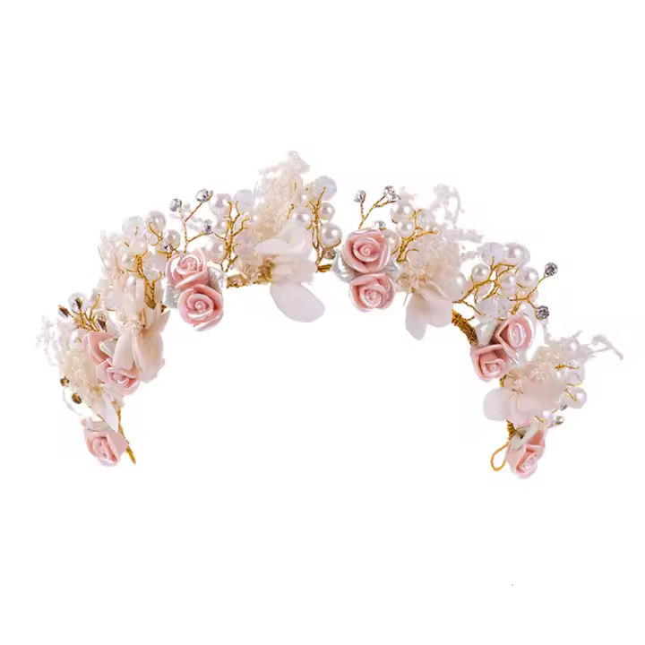 Diadema De Flor Dorada Con Perlas Y Cristales Accesorios De Cabello Para Mujer Adornos Para Boda Hechos a Mano Tamaño M - 1