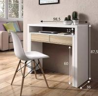 Meimon Mesa auxiliar extensible con 2 cajones en Blanco Ark, sistema PUSH, ruedas y patas MDF, fabricada en tablero de partículas melaminizado E1 con guías metálicas, cantos PVC y acabado blanco; medidas cerrada 87,5x98,5x36 cm y abierta 87,5x98,5x66 cm - details 0