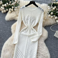 Vestido Largo Vintage De Cintura Alta REALEFT Para Mujer Con Cuello Redondo Manga Larga Y Abertura Lateral Vestido De Encaje Tricotado - details 13