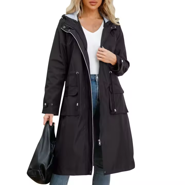 Chaqueta De Trench Para Mujer Con Capucha Y Mangas Largas De Color Sólido Estilo Británico Elegante Con Rayas Y Sombrilla Protección Contra El Viento - 1