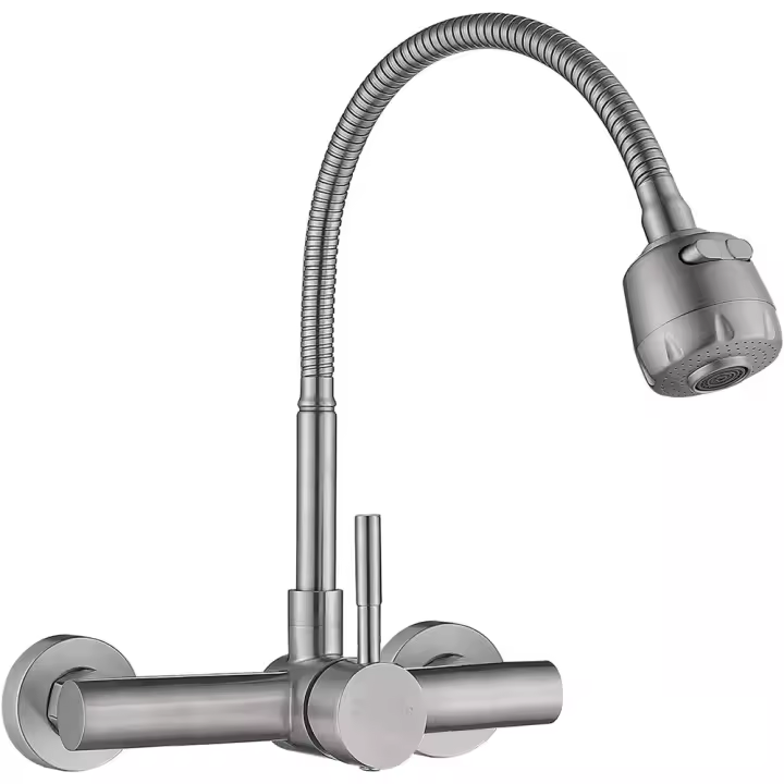 Grifo de cocina para fregadero de pared con rociador, 8 pulgadas (aproximadamente 20,3 cm) de centro, grifo mezclador de acero inoxidable con acabado cepillado, grifo práctico para lavandería con rociador de doble función, NSF sin plomo. - 1