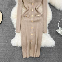 Vestido Midi De Punto REALEFT Para Mujer Con Cuello En V Manga Larga Y Falda Frontal Solta Estilo Casual Color Sólido Otoño Invierno - details 24