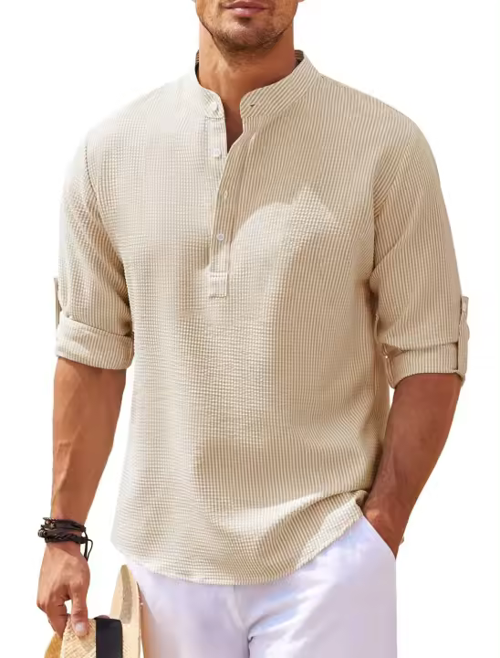 Camisa Larga De Manga Para Hombre Algodón Y Lino Estilo Playa Casual Color Sólido Cuello En Punta Talla Grande S-5XL Primavera Otoño - 1