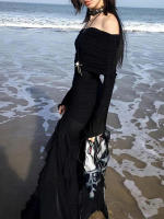 Vestido Largo Elegante Y Moderno IAMSURE Con Volantes Y Abertura En El Costado Estilo Gótico Para Mujer Manga Larga Cuello Abierto Maxi Vestido Para Playa Y Fiestas Navideñas - details 12