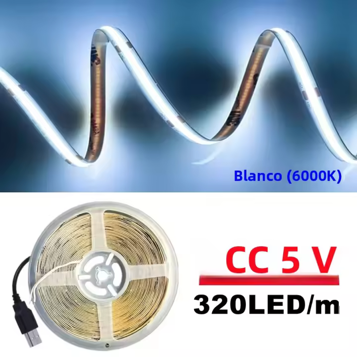 Tira De Luz LED COB DC5V Con Suministro De Energía USB Alta Densidad Flexible 320LED/m 3000K/4500K/6500K Para Iluminación De Sala De Estar - 1