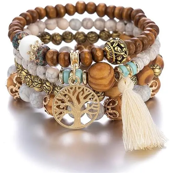 Pulsera de cuentas boho, pulsera de cuentas de madera multicapa, pulsera elástica, pulsera de borlas, pulsera de árbol de la vida de recuerdo turístico para mujer (paquete de 4) - 1