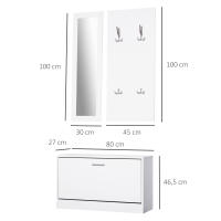 HOMCOM Conjunto de Muebles de Entrada Recibidor Pasillo Set de 3 Piezas Zapatero Espejo Perchero con 4 Ganchos para Colgar Ropa 80x27x46,5cm Blanco - details 3