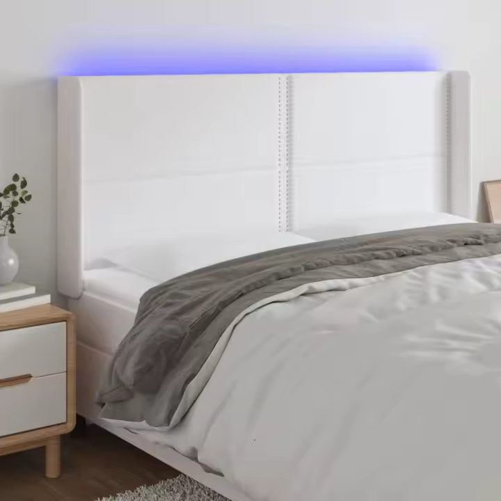 vidaXL Cabecero con LED cuero sintético blanco 203x16x118/128 cm - 1