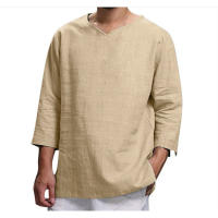 Camisa Casual De Playa Para Hombre Verano Algodón Y Lino Manga Larga V-Neck Estilo Libre Moda Primavera Otoño - details 12