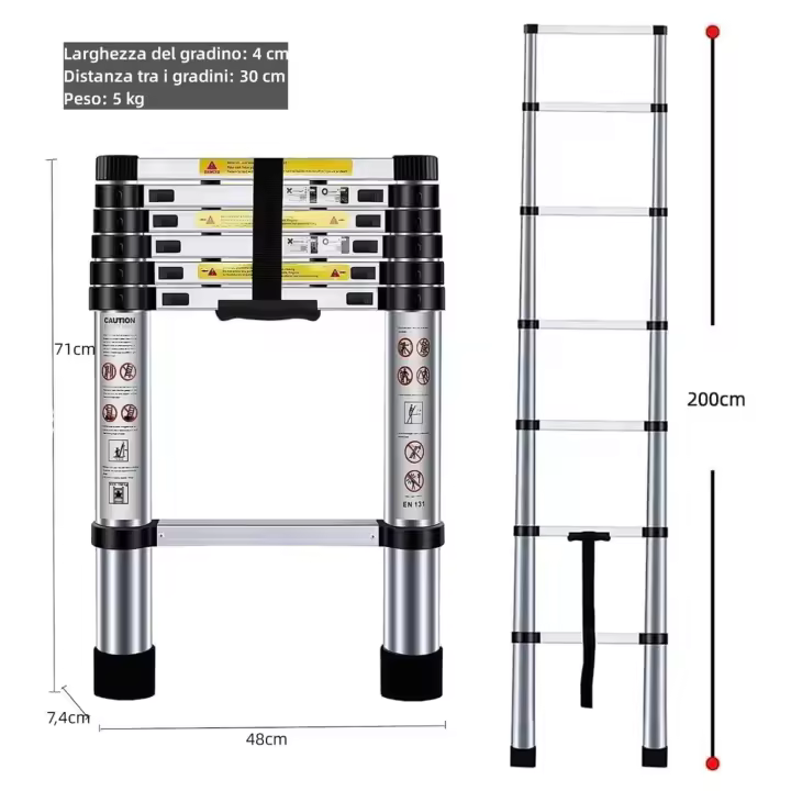 Escalera Plegable Aluminio Material de Alta Calidad y Duradero -Desde 2.0 metros Hasta 4,4 metros - Distintas Alturas Disponibles ,Escalera Telescópica de Aluminio Multiusos EN131 (ES002 3699 4699 6599 7999 8999 ) - 1