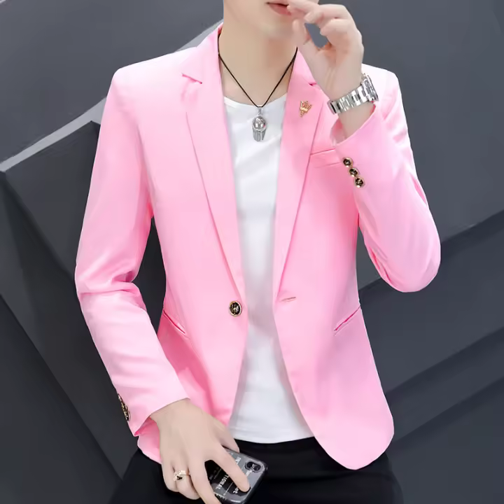 Traje Rosa Slim Fit Para Hombre Estilo Coreano Moda Casual Primavera Otoño Traje De Calle Elegante Con Solapa Única - 1