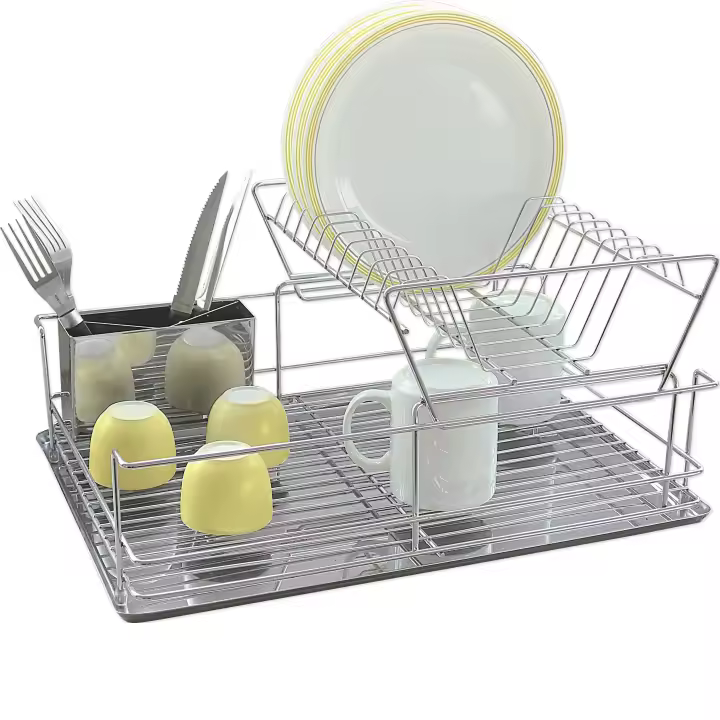 Escurreplatos Jocca con gran capacidad de almacenaje, bandeja recoge gotas y cesta para cubiertos. Se monta y desmonta fácilmente para guardarlo sin ocupar casi espacio. Realizado en resistente y duradero hierro cromado - 1