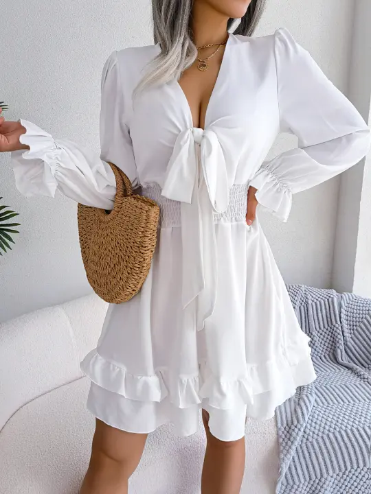 Vestido Largo Casual Para Mujer Con Cuello V Y Bow A-Line Manga Flare Elastica Slight Polyester Y Spandex Mini - 1