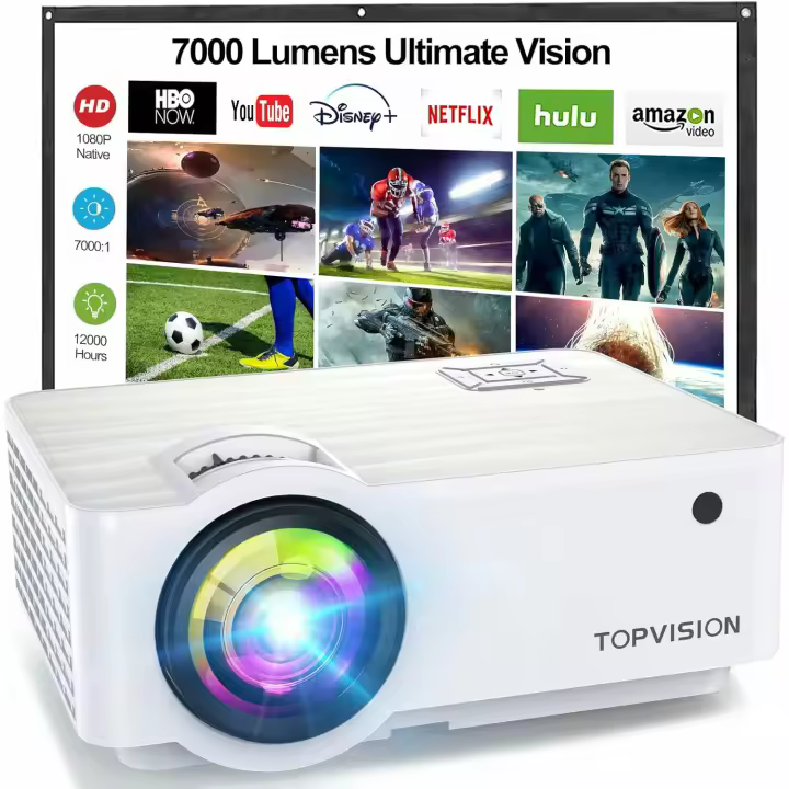 TOPVISION Proyector Cine en Casa de 7000 Lúmenes, 1080P Nativo Mini Proyector Portátil, Proyector LCD 1080P Full HD de 120000 Horas con Pantalla Máx de 300", Compatible con HDMI/VGA/USB/AV/SD Blanco - 1