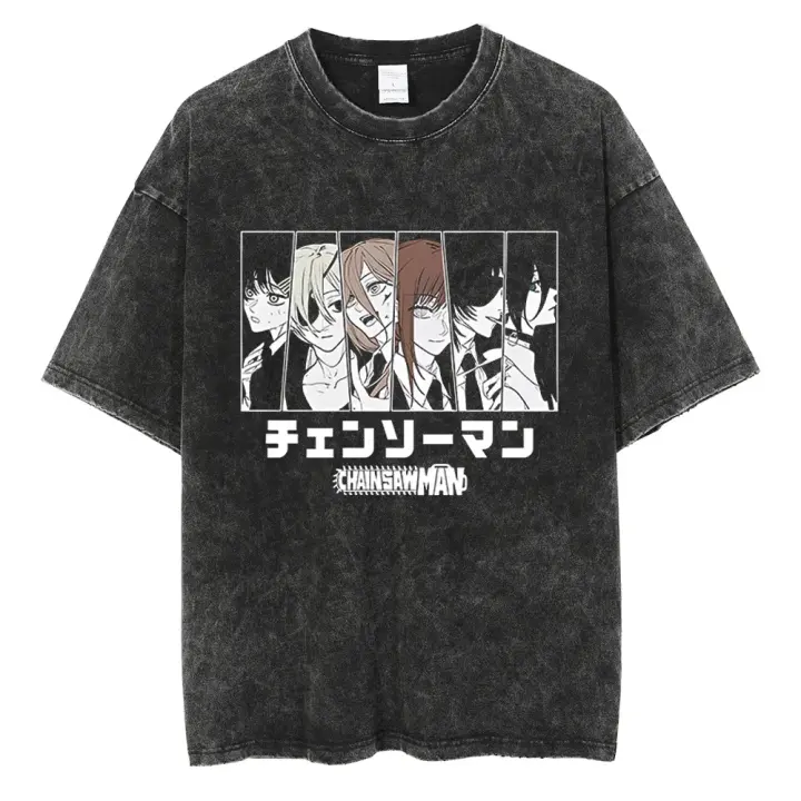 Camiseta Oversize Vintage De Anime Chainsaw Hip Hop Para Hombre Negro Suéter Casual Manga Corta Estilo O-Neck Unisex - 1