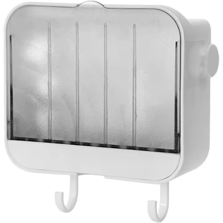 Plato de jabón montado en la pared con tapa con bisagras, plato de jabón a prueba de fugas con 2 ganchos, caja de jabón autoadhesiva bandeja de jabón de ducha para baños cocinas (blanco) - 1