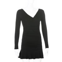 Vestido Mini De Punto Color Sólido Con Cuello En V Y Manga Larga Estilo Coreano Elegante Con Volantes Y Corte Bodycon Para Mujer Otoño - details 8
