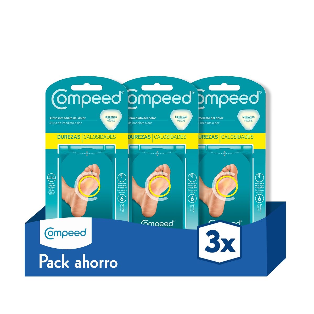 Compeed Durezas Medianas 6 Unidades - Pack de 3, Apósito Hidrocoloide para Callos, Alivio Duradero y Protección contra la Fricción