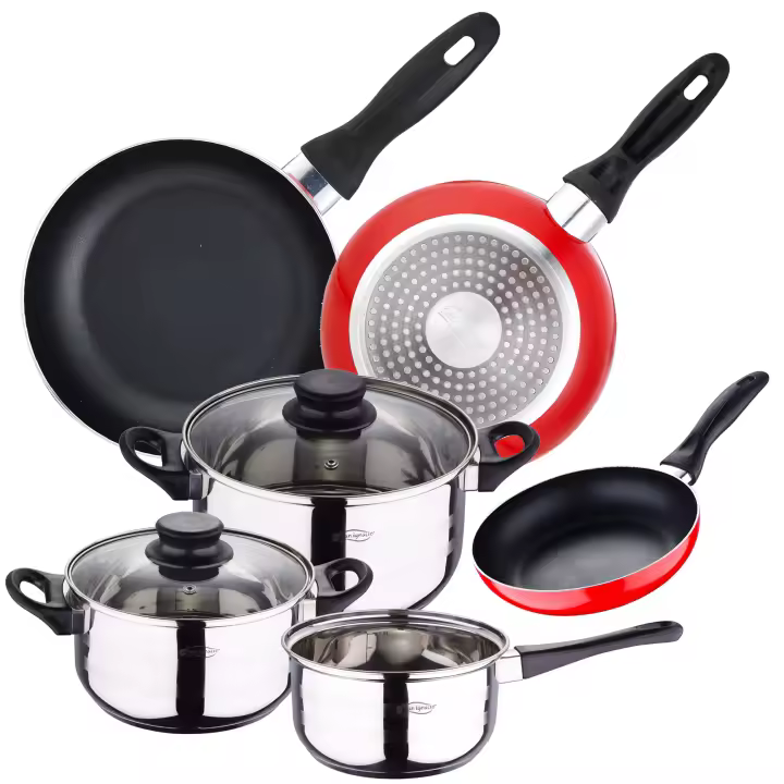 Batería de cocina de 5 piezas acero inoxidable + juego de 3 sartenes (16/20/24 cm) SAN IGNACIO en aluminio prensado - 1