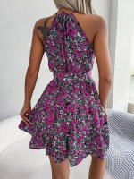 Vestido De Verano Casual Para Mujer Con Estampado Floral Y Volantes Estilo Halter Largo Mini Polyester Slim Fit Y Flare - details 2