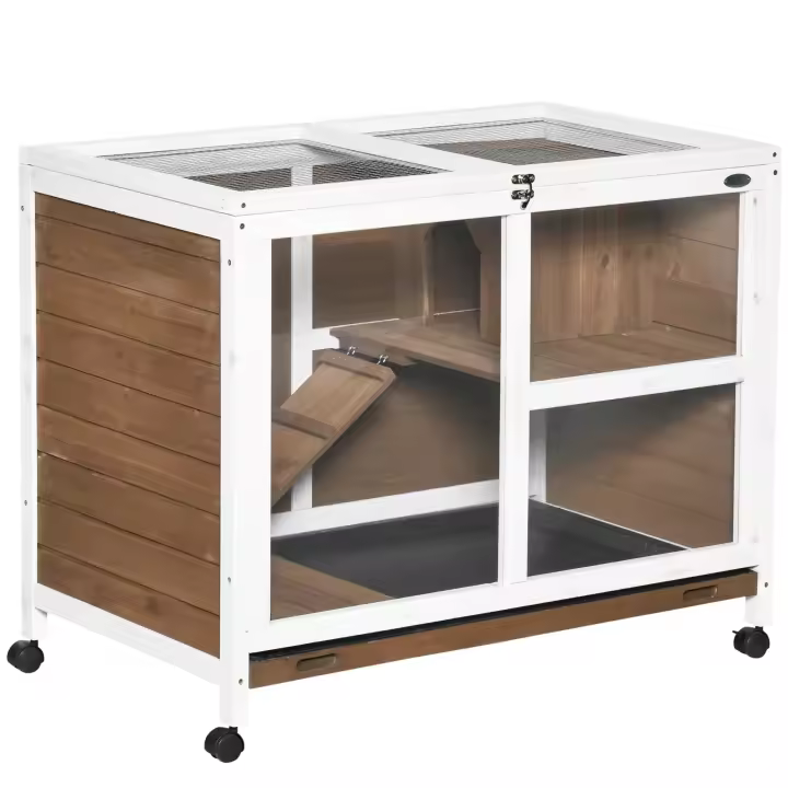 PawHut Conejera de Madera con Ruedas 91,5x53,3x73 cm Jaula para Conejos de 2 Niveles con Techo Abatible Bandeja Extraíble y Rampa - 1