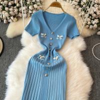 Vestido Largo Elegante Tejido Para Mujer Verano V Cuello Suelto Botones Bodycon Midi Fiestas Oficina Vestidos De Mujer - details 2