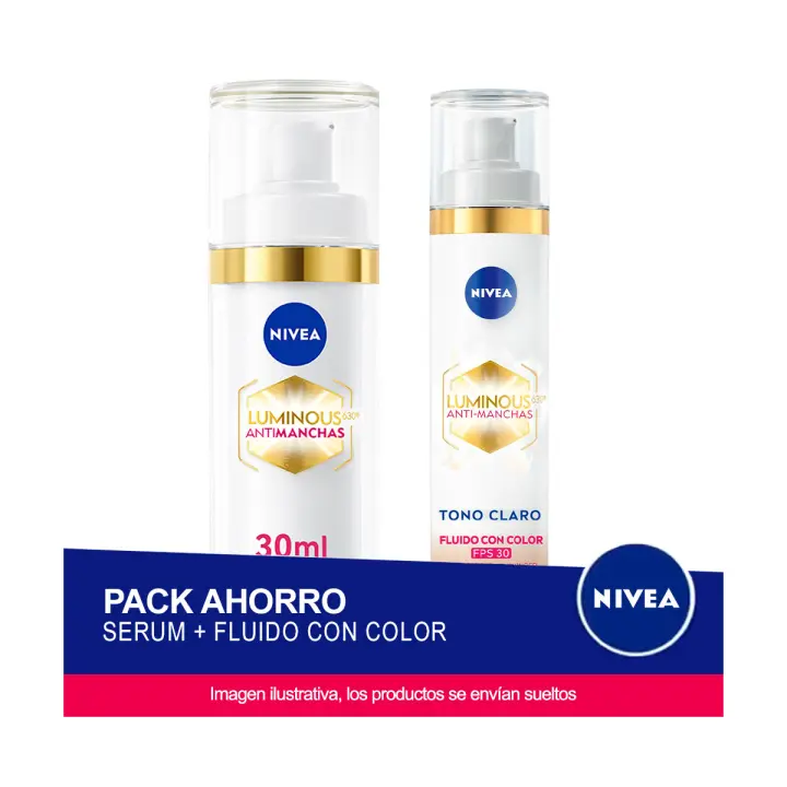 NIVEA LUMINOUS 630 Pack ahorro - Contiene Serum Facial Antimanchas + Fluido CC con color FP30 (Tono Claro) - 1