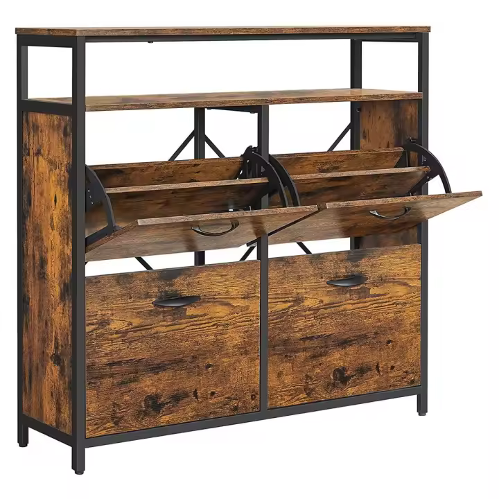 Zapatero espacioso con 4 compartimentos y estante abierto, capacidad para 12-20 pares, con separadores interiores, 98,3x30x95 cm, en marrón rústico y negro - 1