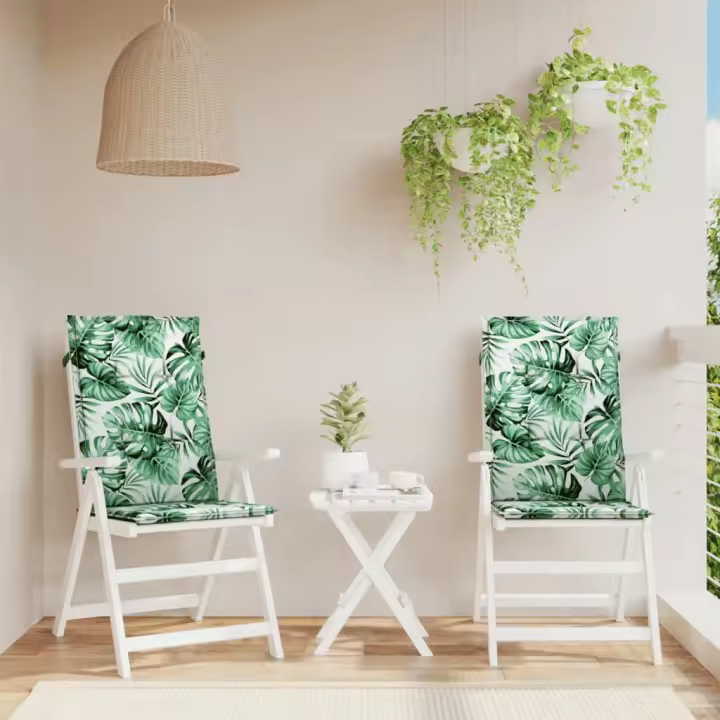 vidaXL Cojines de silla de respaldo alto 2 uds tela en color Estampado de hojas/Azul y blanco/Estampados cuadros grises y más | cómodas modernas ergonómicas para comedor cocina salón hogar - 1