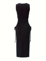 Vestido De Mujer Estilo Moderno Verano Cuello Redondo Sin Mangas Cintura Ajustable Hueco Y Abertura En La Cadera Vestido Midi Casual - details 5