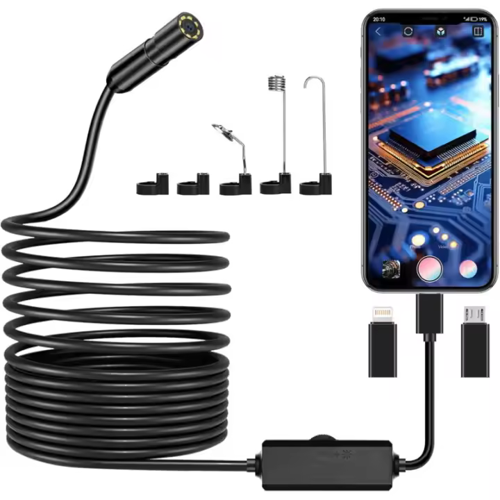 Cámara endoscópica, cámara de inspección de tuberías HD 1920P, cámara endoscópica IP67 con 8 luces LED, cable semirrígido de 5 m - 1
