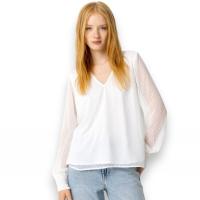 Blusa Tiffosi Lua en blanco brillante, escote pico y manga larga con elástico en los puños. - details 0