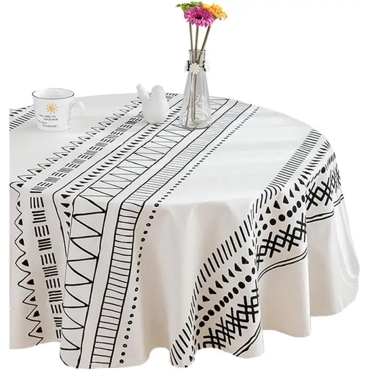Mantel geométrico bohemio de lino y algodón, mantel bohemio, mantel blanco y negro - 1