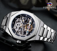 Reloj Automático Casual Forsining Para Hombre Con Diamante 3D Esqueleto Hueco Luminoso Militar Torbillón De Acero Inoxidable - details 0