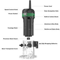 Motor de cobre completo de 800W Fresadora de madera de 6 velocidades Cuerpo de aleación de aluminio y nylon reforzado Ajuste preciso de la profundidad Juego de fresadora y ranuradora para madera con 15 fresas Kit de caja de madera - details 5