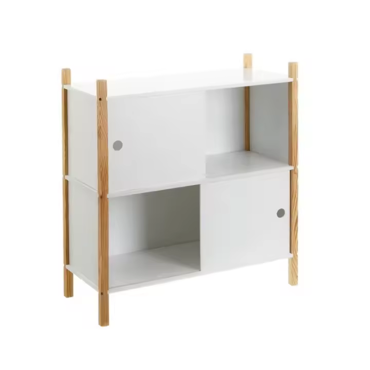 Dcasa Estantería nórdico con 2 puertas correderas de madera de pino blanca de 70x30x77 cm - 1
