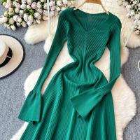 Vestido Largo Elegante Para Mujer Con Mangas Flared Y Volantes Cuello V Solido Bodycon Para Fiesta Y Oficina Polyester Mid-Calf - details 2